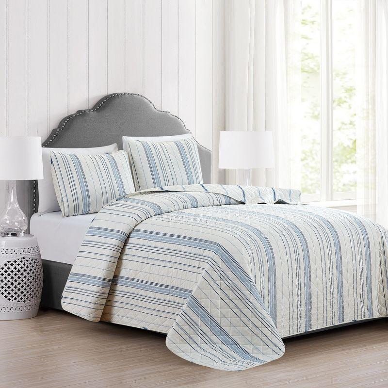 Sofia Ivory & Blue Striped Reversible Microfiber Quilt Set - Full/Queen