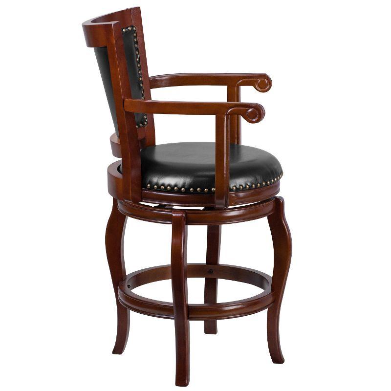 Merrick Lane 26" Cherry Wood Panel Back Counter Stool with Arms and Black Faux Leather Swivel Seat