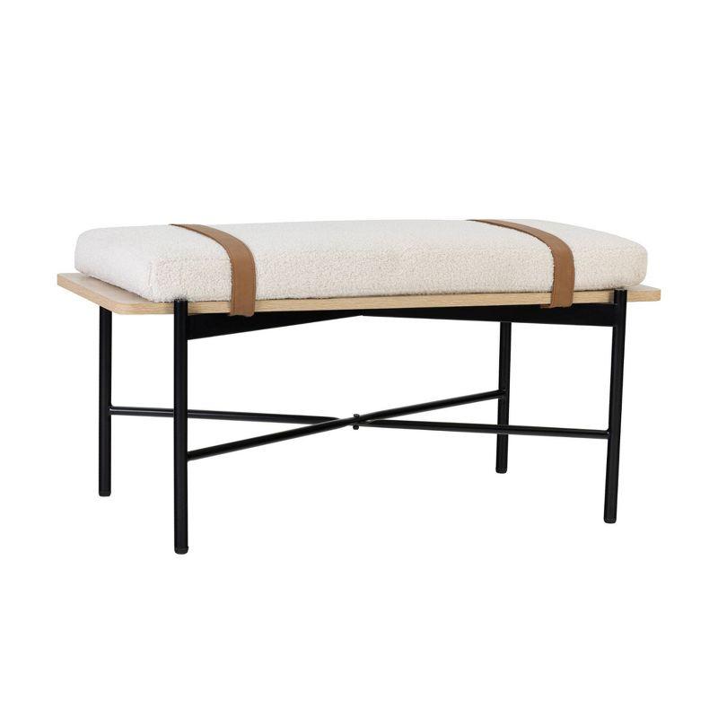 Nathan James Thatcher Boucle Wood and Metal Removable Cushion Bench: Curved Edge, Vegan Leather Straps, Zipper Design, Easy Clean