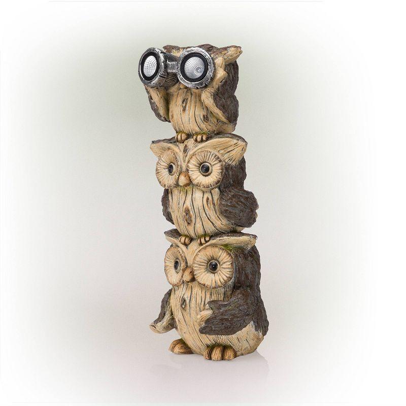 Solar Three Stacked Binocular Owls Polyresin Statue with LED Lights - Alpine Corporation: Garden Decor Sculpture with NiMH Battery