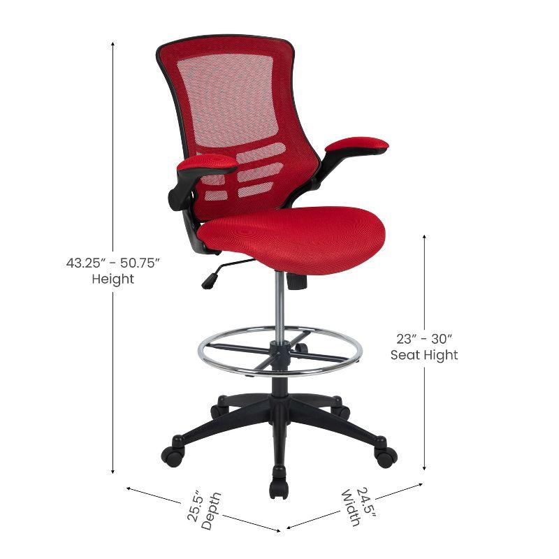 Emma and Oliver Mid-Back Red Mesh Ergonomic Drafting Chair with Foot Ring and Flip-Up Arms