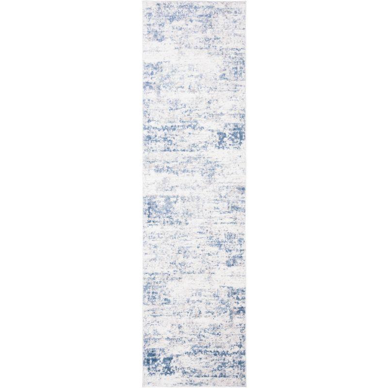 Ivory and Blue Abstract Synthetic 2'2" x 22' Runner Rug