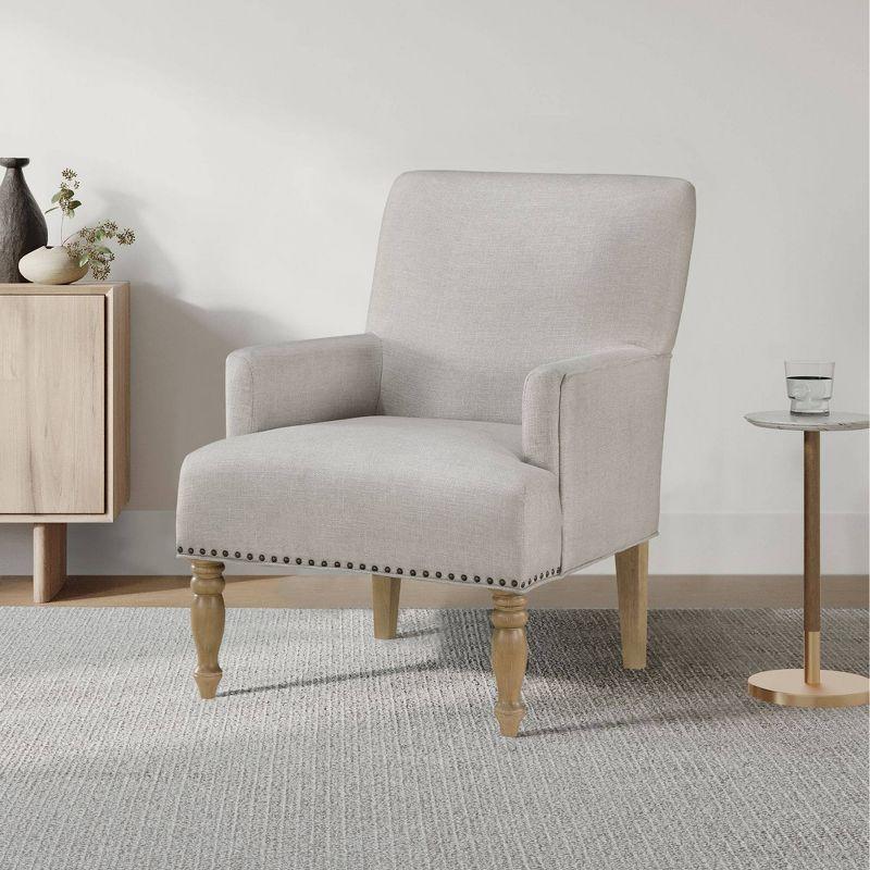 Comfort Pointe Anna Arm Chair Beige: Upholstered with Nailhead Trim, Wood Legs, Foam Fill