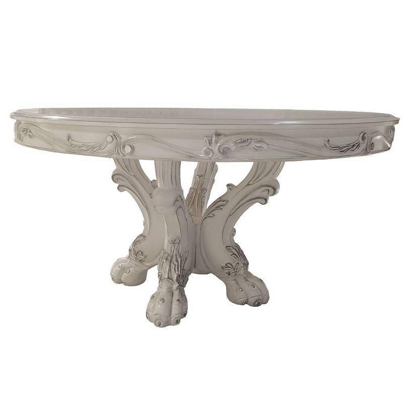 Bone White Round Wood and Glass Dining Table with Pedestal Base