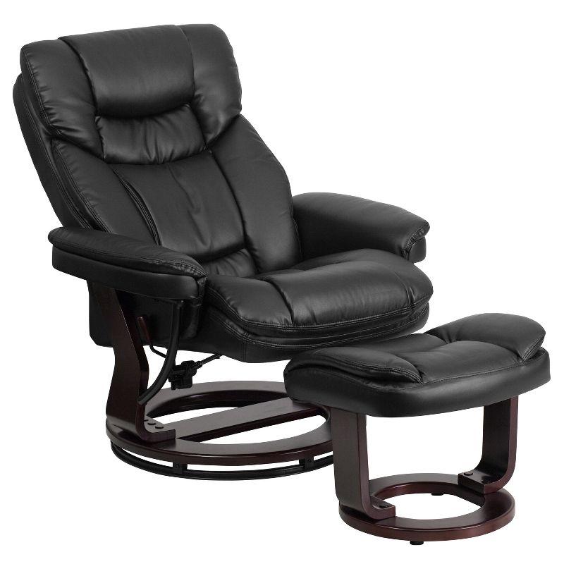 Flash Furniture Contemporary Multi-Position Recliner and Curved Ottoman with Swivel Mahogany Wood Base in Black LeatherSoft