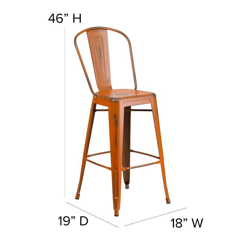 Distressed Orange Metal Indoor-Outdoor Barstool with Back