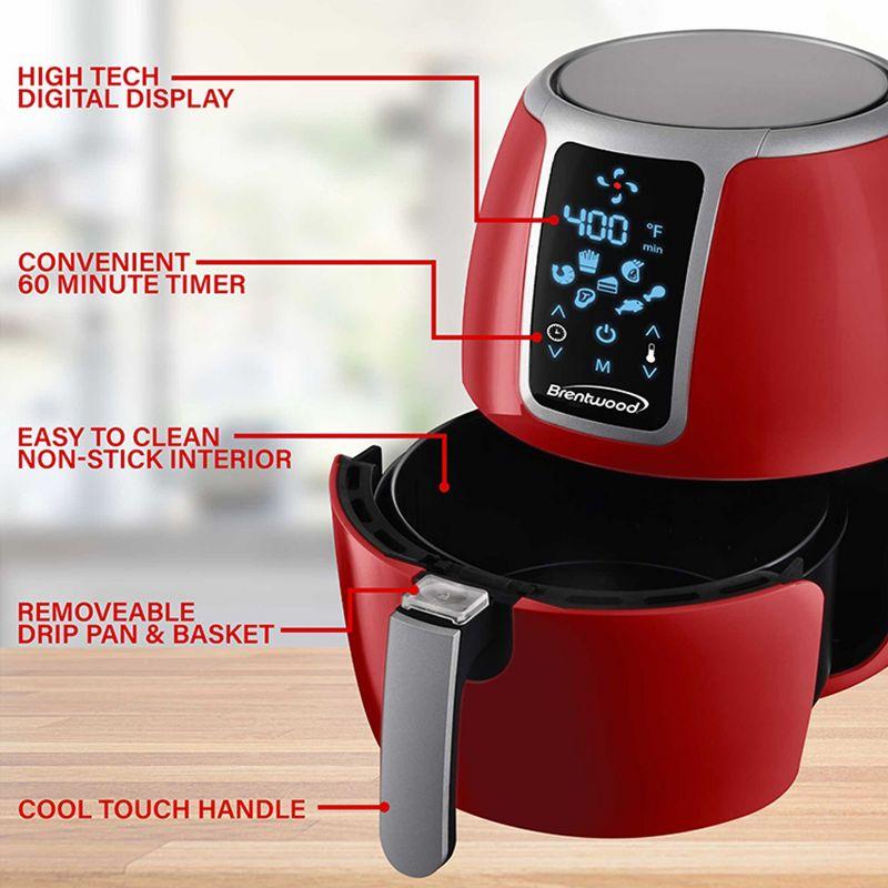 Brentwood Small 1400 Watt 4 Quart Electric Digital Air Fryer with Temperature Control in Red