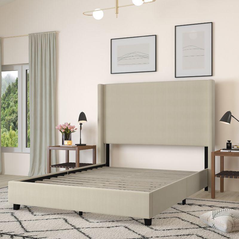 Beige Linen Upholstered Queen Platform Bed with Wingback Headboard