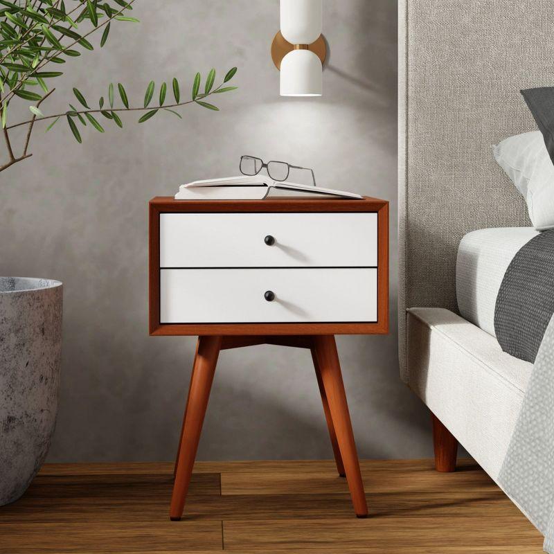 Flynn Acorn and White 2-Drawer Mid-Century Modern Nightstand