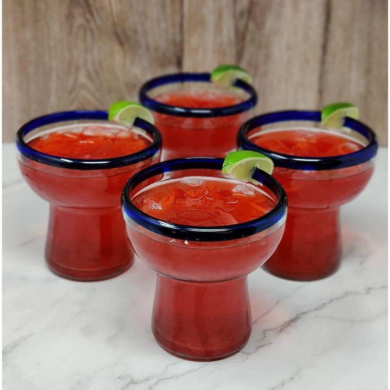 Longshore Tides Mexican Hand Blown Glass - Hand Blown Stemless Blue Rim Margarita Glasses (14oz) (Set of 4)