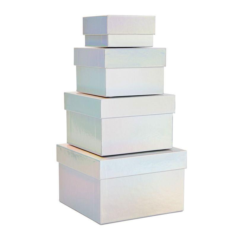 Stockroom Plus Set of 4 Sizes Square Nesting Gift Boxes with Lids for Presents, Decorative Goodie Box for Holidays, Holographic Silver
