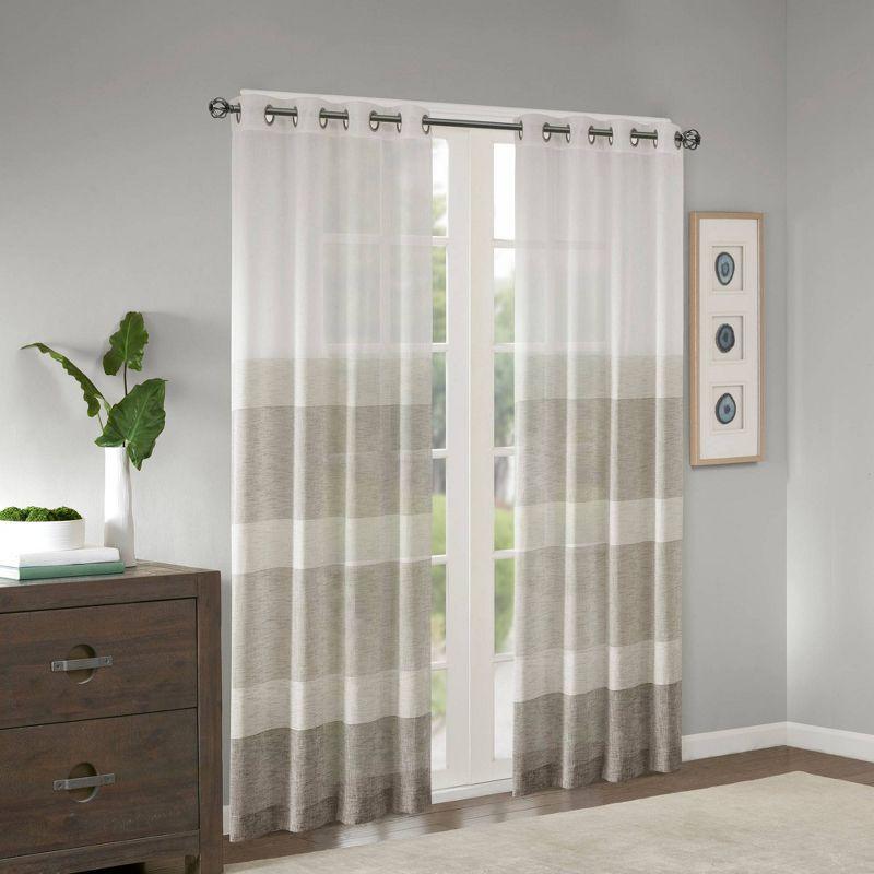 Neutral Faux Linen Striped Sheer Grommet Curtain Panel