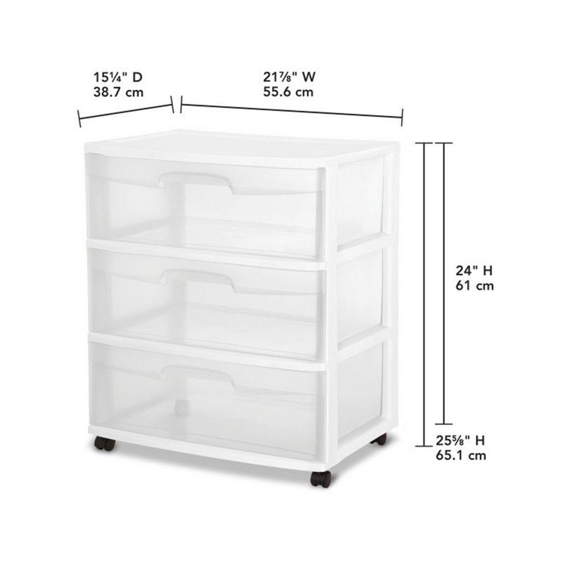 Sterilite Wide 3 Drawer Storage Cart, Plastic Rolling Cart with Wheels to Organize Clothes in Bedroom, Closet, White with Clear Drawers, 2-Pack