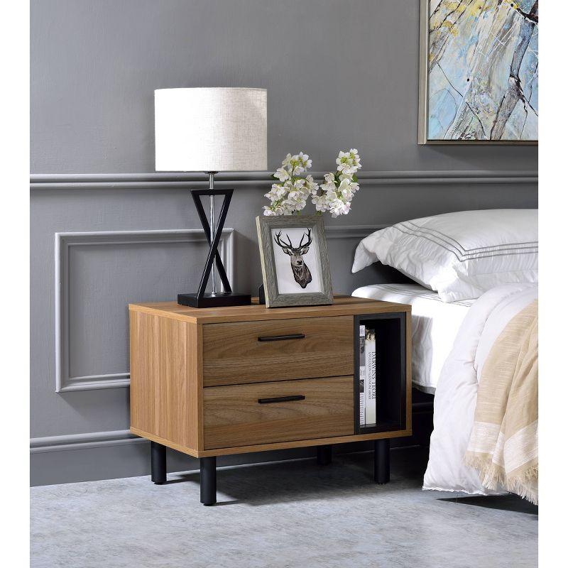 Brown Oak and Black Metal Rectangular Accent Table with Storage