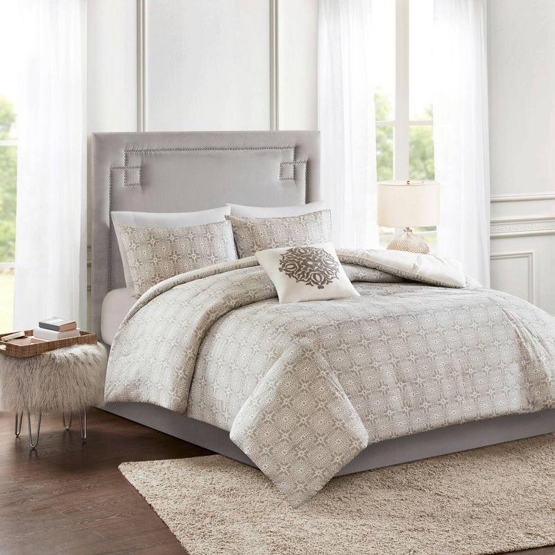 Ivory and Gray Embroidered Cotton King/Cal King Duvet Set