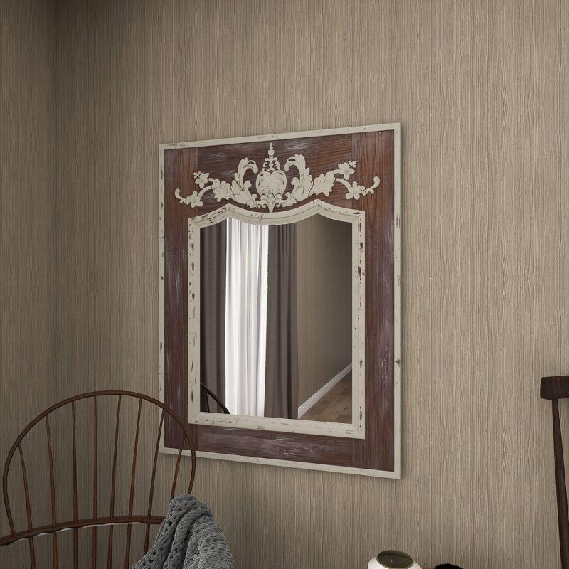 Ophelia & Co. Eberhart Wood Vintage Inspired Acanthus Scroll Floral Brown Wall Mirror with Distressed Cream Accents