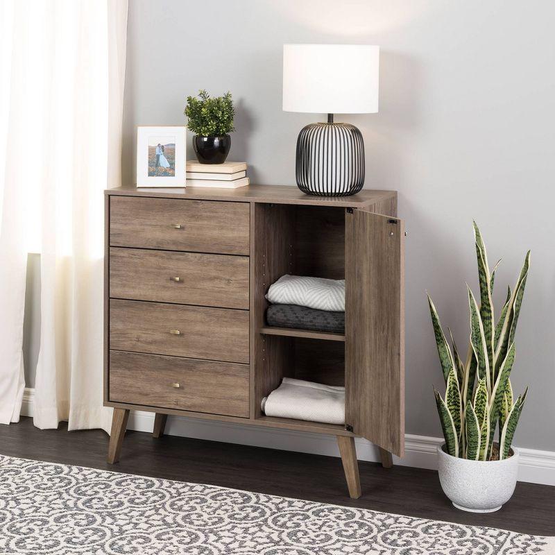Prepac Milo Mid-Century Modern 4 Drawers Chest with Door Drifted Gray: Laminated Storage, Metal Glides, Adjustable Shelf
