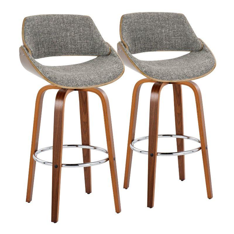 LumiSource Set of 2 Fabrizzi Barstools Walnut/Chrome/Gray: Mid-Century Modern Design, 29" Fixed Height, Swivel, Footrest