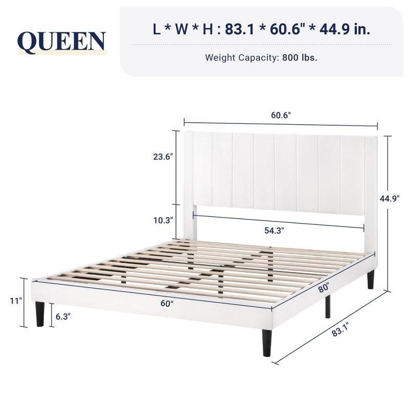 Allewie Queen Velvet Upholstered Bed Frame/Vertical Channel Tufted Wingback Headboard/Heavy Duty Support/box spring Optional/Easy Assembly/White