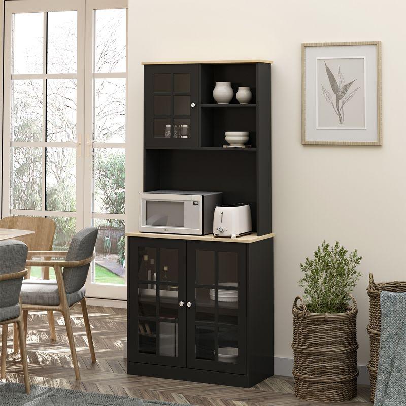 HOMCOM Kitchen Buffet with Hutch, Storage Pantry with 3 Cabinets, 2 Open Shelves and Large Countertop, Black