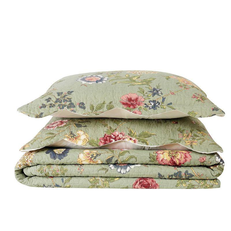 Full Sage Green Cotton Quilt Set with Floral Design