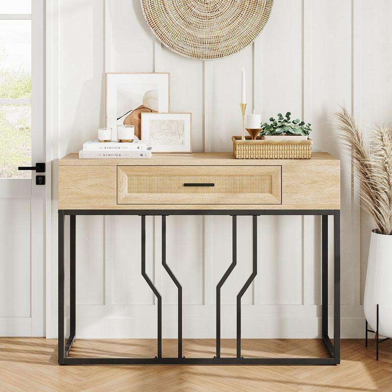 Whizmax Rattan Console Table, Sofa Tables Narrow Entryway Table with Drawer and Storage for Living Room, Foyer, Bedroom