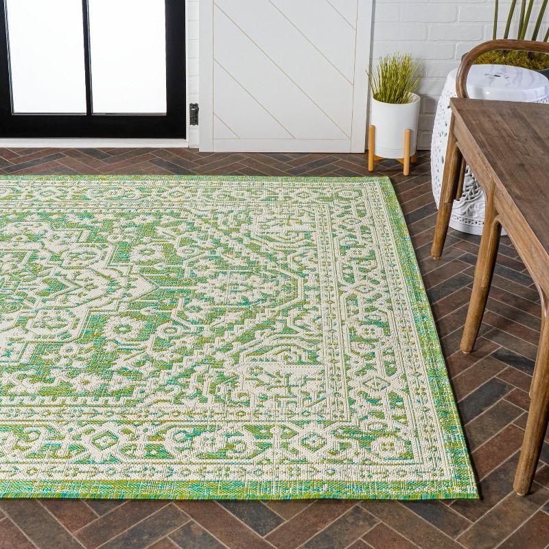 8' x 10' Sinjuri Medallion Textured Weave Indoor/Outdoor Area Rug, Cream/Green - JONATHAN Y