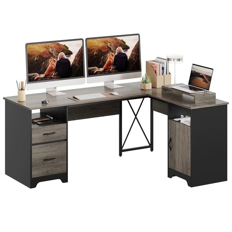 Bestier L Shaped Desk with Drawers 63" Office Computer Desk with Monitor Stand, Gray Wash
