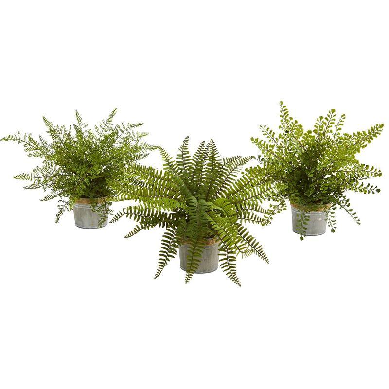 14" x 13" 3pc Artificial Ferns with Planter Set - Nearly Natural: Indoor Greenery Decor, Faux Plant Display