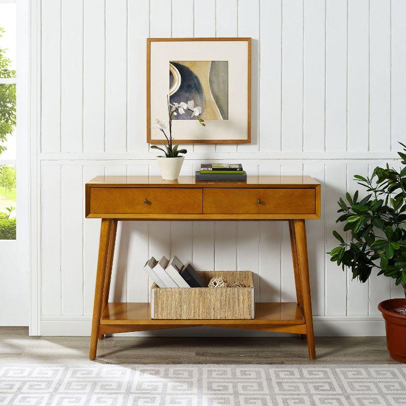 Crosley Landon Console Table Acorn: Mid-Century Modern Design, Hardwood with Open Shelf & Drawer