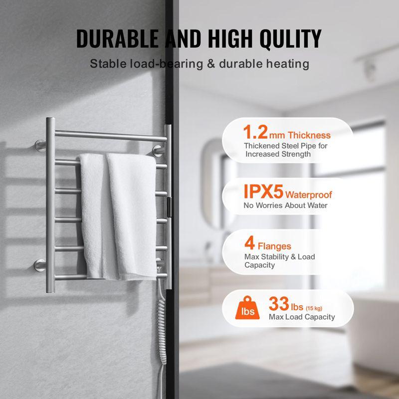 VEVOR 6 Bars Towel Warmer Rack, Wall Mounted Heated Towel Rack for Bathroom, IPX5 Waterpoof Towel Heater Rack with Timer & Display Screen, Silver