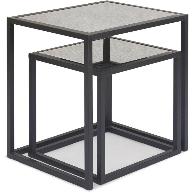 Set of 2 Black Mirrored Nesting Accent Tables with Metal Frame