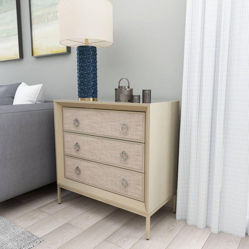 Imboden Wooden Upholstered Front Panel 3 Drawer Room Chest with Mirrored Top and Ring Handles