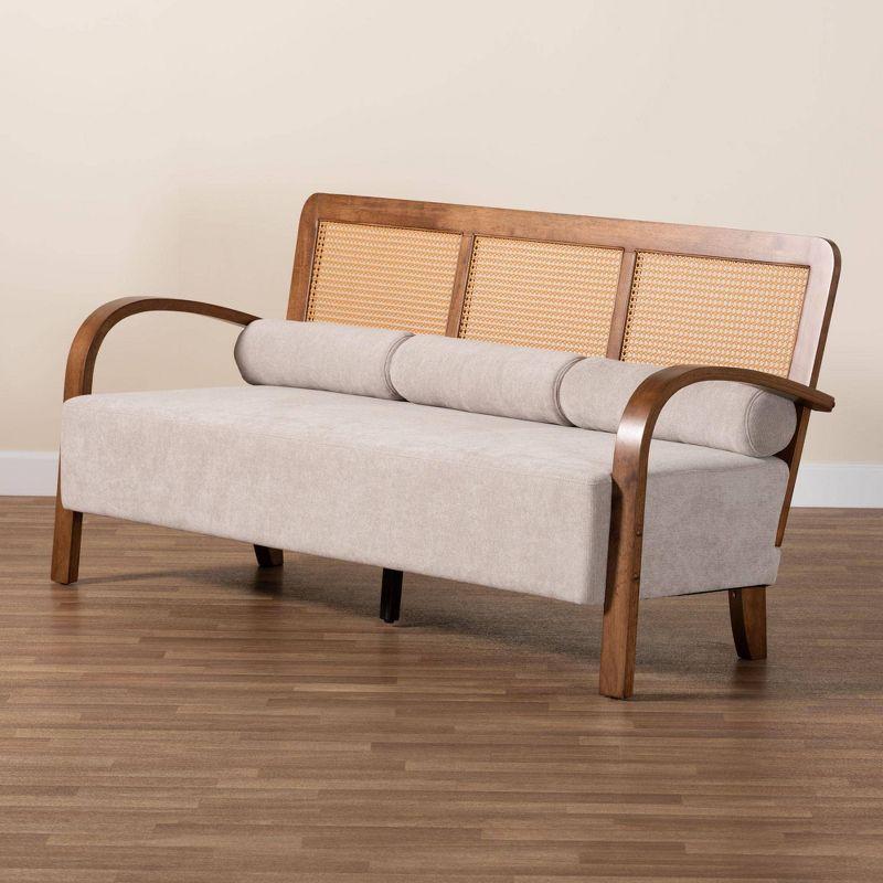 Baxton Studio Sage Fabric and Wood Sofa with Woven Rattan Light Gray/Walnut Brown/Natural Brown