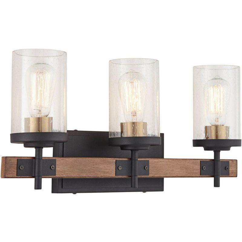 Possini Euro Design Kata Farmhouse Rustic Wall Light Black Faux Wood Hardwire 22" 3-Light Fixture Clear Seeded Cylinder Glass for Bedroom Bathroom