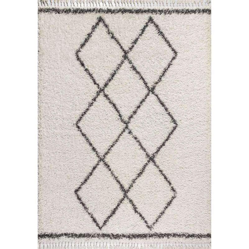 5'x8' Mercer Shag Plush Tassel Moroccan Geometric Trellis Area Rug, Cream/Grey - JONATHAN Y