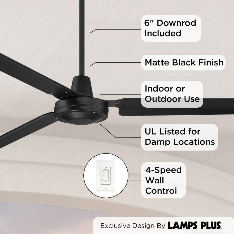 Casa Vieja 72" Casa Velocity Large Modern Indoor Outdoor Ceiling Fan 3 Blade Wall Control Matte Black Finish Bedroom Living Room Damp Rated