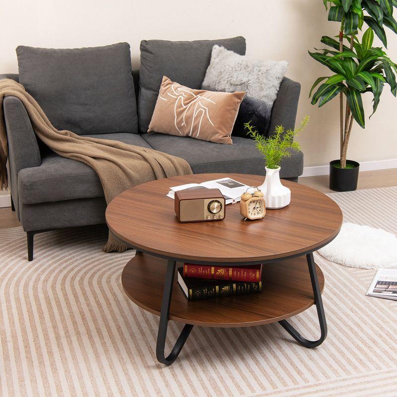 Walnut and Black 2-Tier Round Coffee Table with Metal Frame