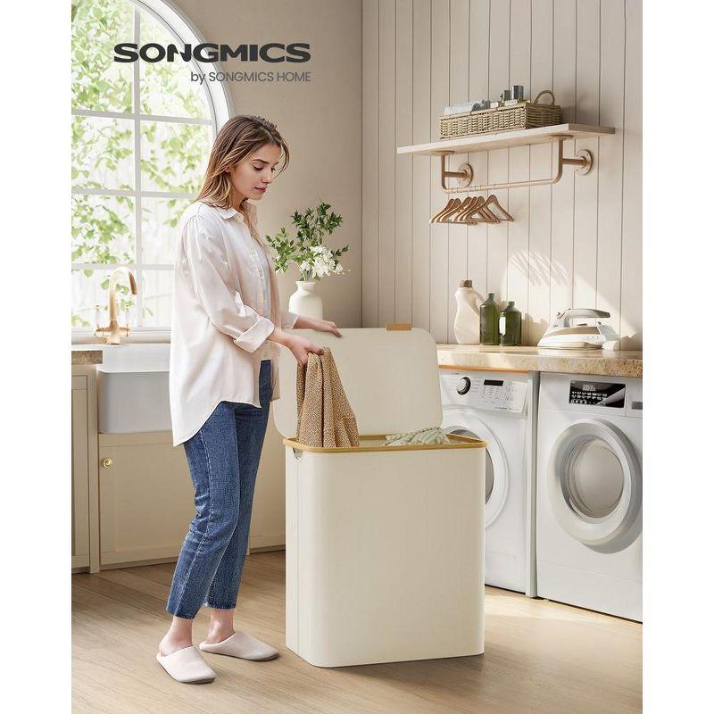 SONGMICS Laundry Hamper with Lid 3-Section Large Laundry Basket Removable Mesh Liner Bamboo Handles Collapsible