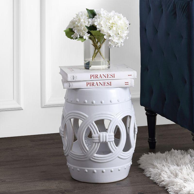Lucky Coins 16" Eastern-Inspired Ceramic Drum Garden Stool, White - JONATHAN Y