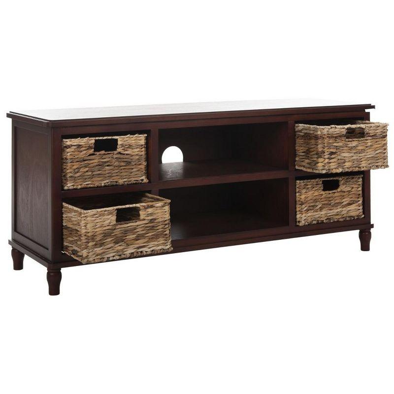 White Transitional Wood Entertainment Unit with Rattan Baskets