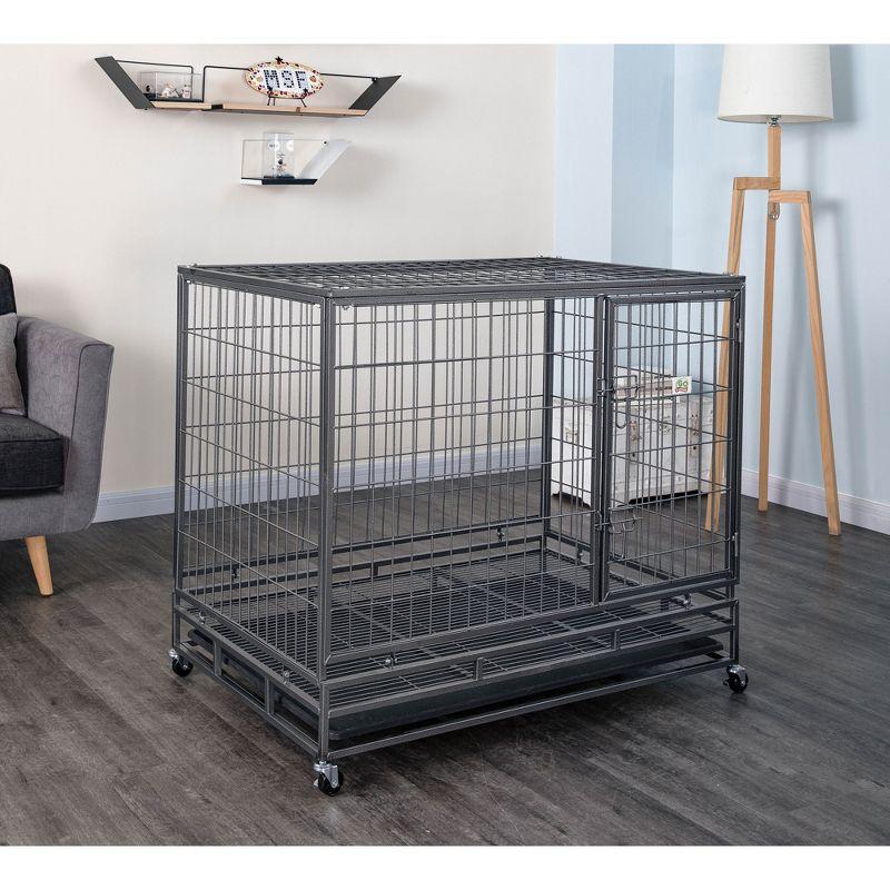 Gray Heavy Duty Rolling Metal Dog Crate with Tray