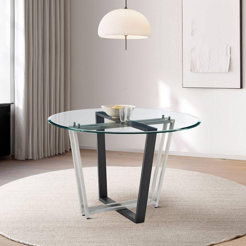 Armen Living Devi Round Glass Brushed Stainless Steel and Iron Base Dining Table