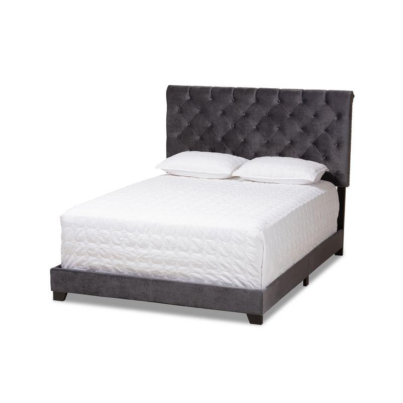Luxurious Dark Grey Velvet Full Bed with Tufted Headboard and Nailhead Trim