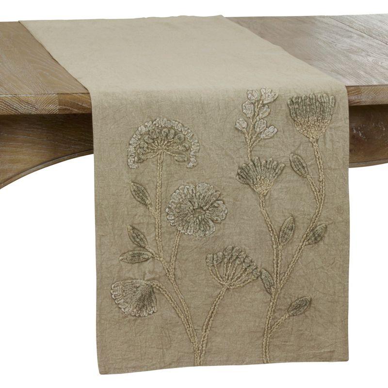 Taupe Floral Embroidered Cotton Table Runner