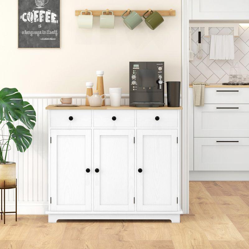 HOMCOM Kitchen Storage Cabinet, Sideboard Floor Cupboard with Solid Wood Top, Adjustable Shelf, and 3 Drawers for Living Room, Distressed White