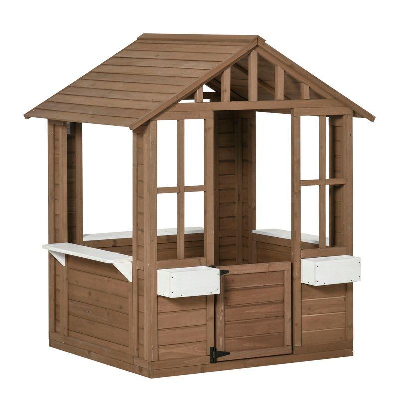 Brown Wooden Outdoor Kids Playhouse with Flowerpot Holders