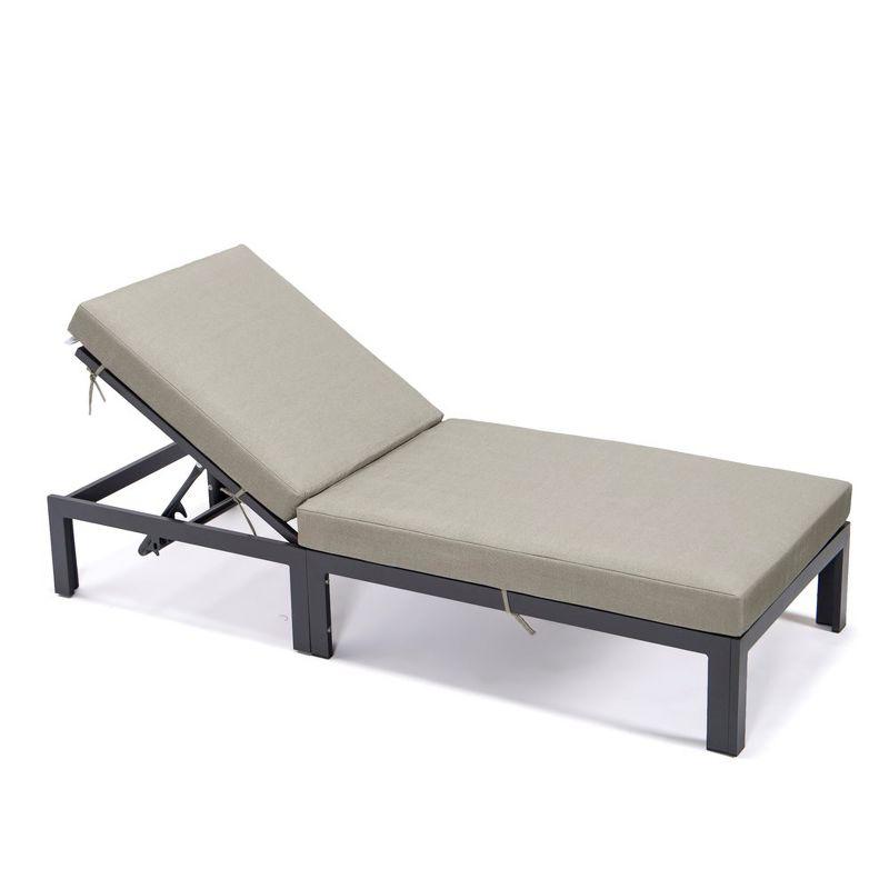 LeisureMod Chelsea Outdoor Chaise Lounge Chair with Cushions in Black Aluminum, Beige