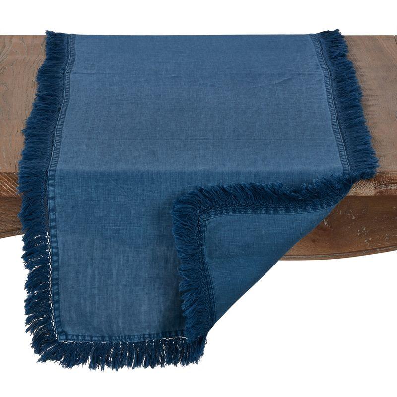 72"x16" Linen Stonewashed Fringe Table Runner Navy - Saro Lifestyle: Elegant Non-Woven Fabric, Machine Washable