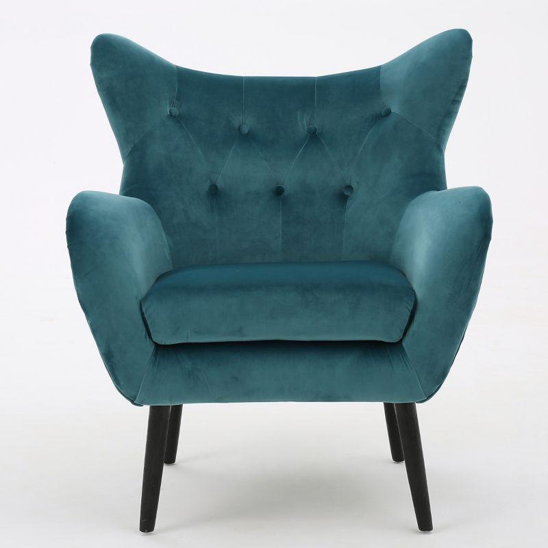 Dark Teal Velvet Wingback Accent Chair with Wood Legs